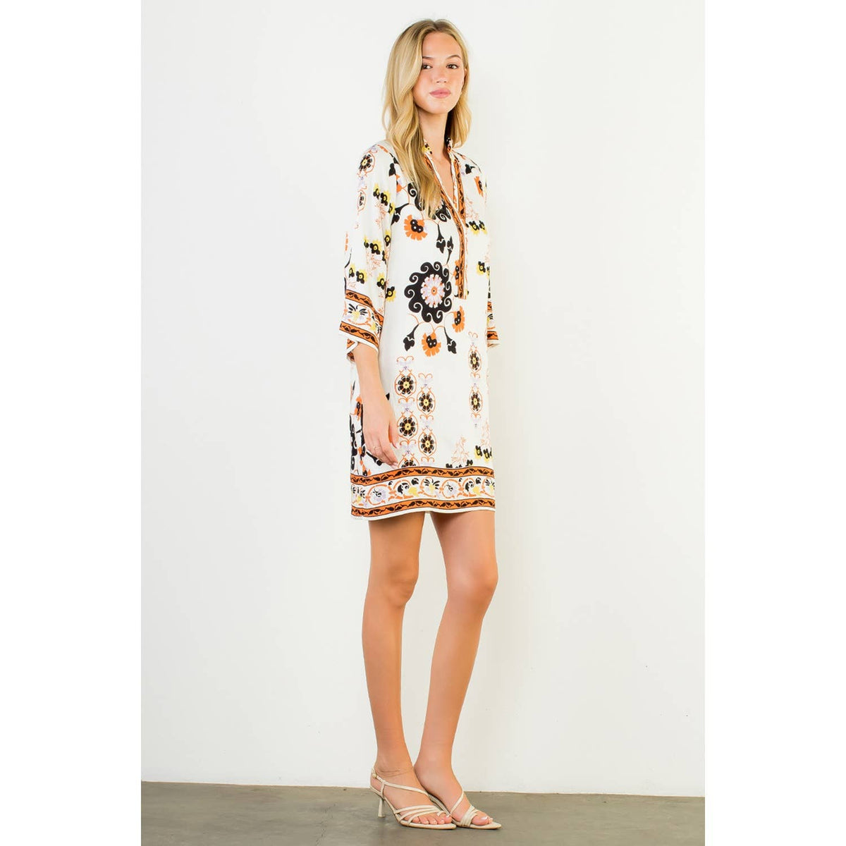 THML Floral Border Print Split Neck Tunic Dress