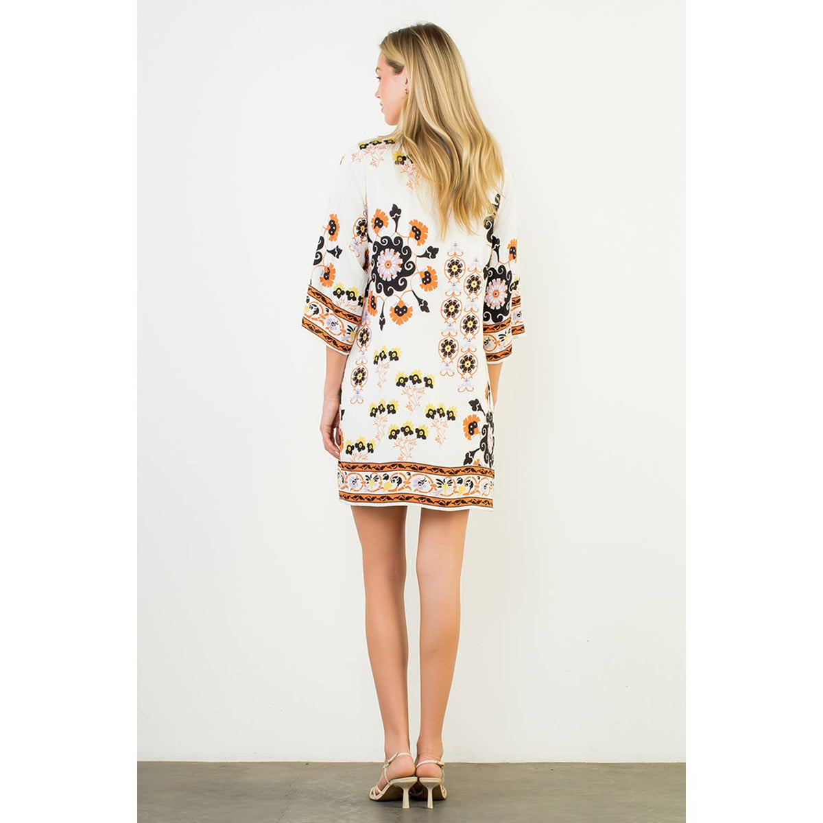 THML Floral Border Print Split Neck Tunic Dress
