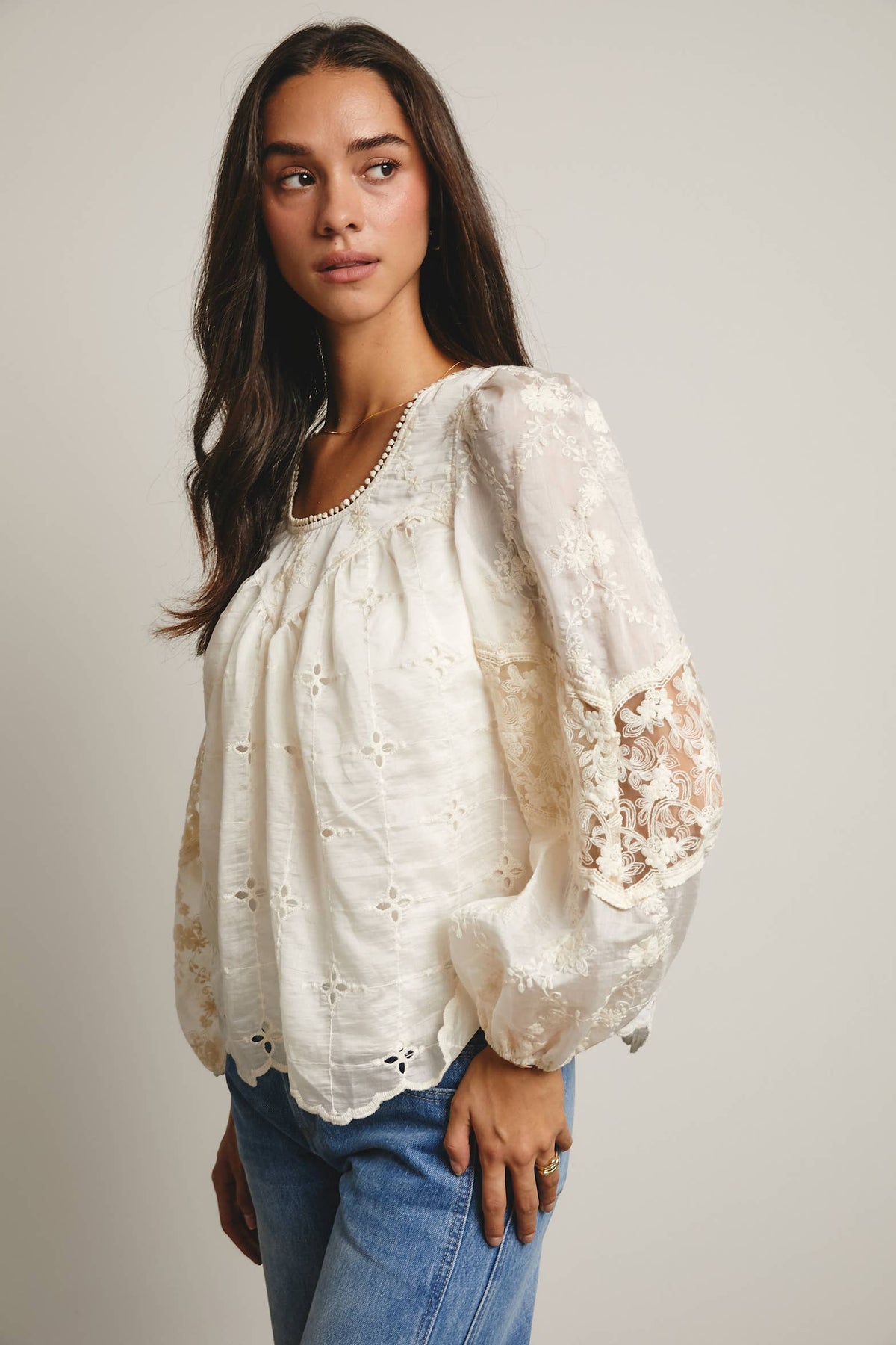 Forte Embroidered Lace Puff Sleeve Blouse