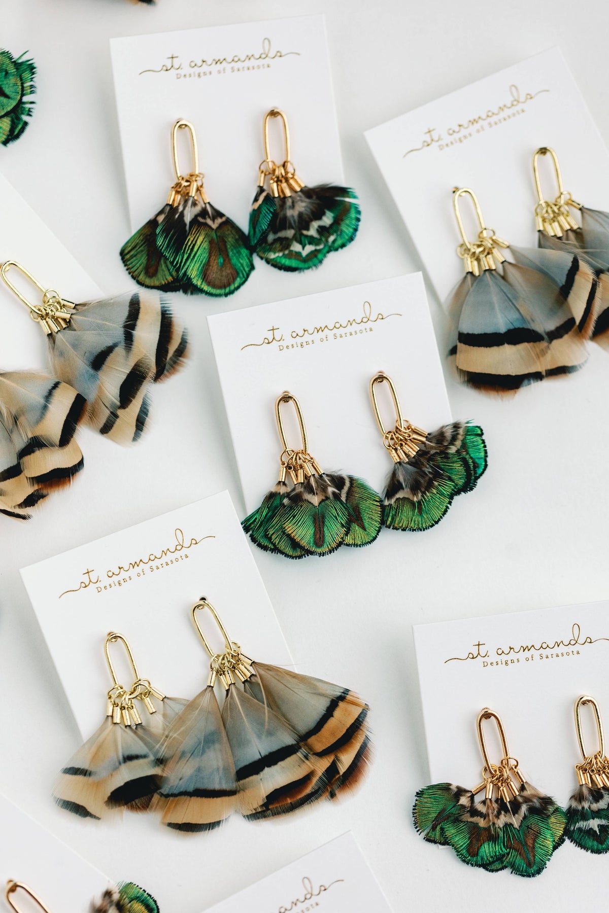 Brown Striped Fall Feather Statement Tassel Earrings