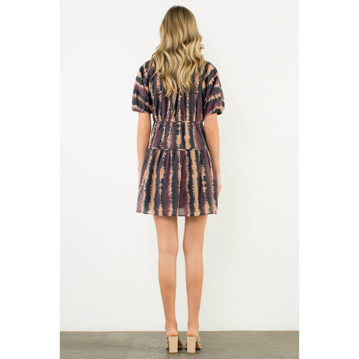THML Pleated Trim Puff Sleeve Tie Dye Dress