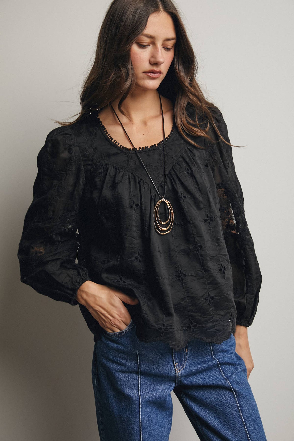 Forte Embroidered Lace Puff Sleeve Blouse