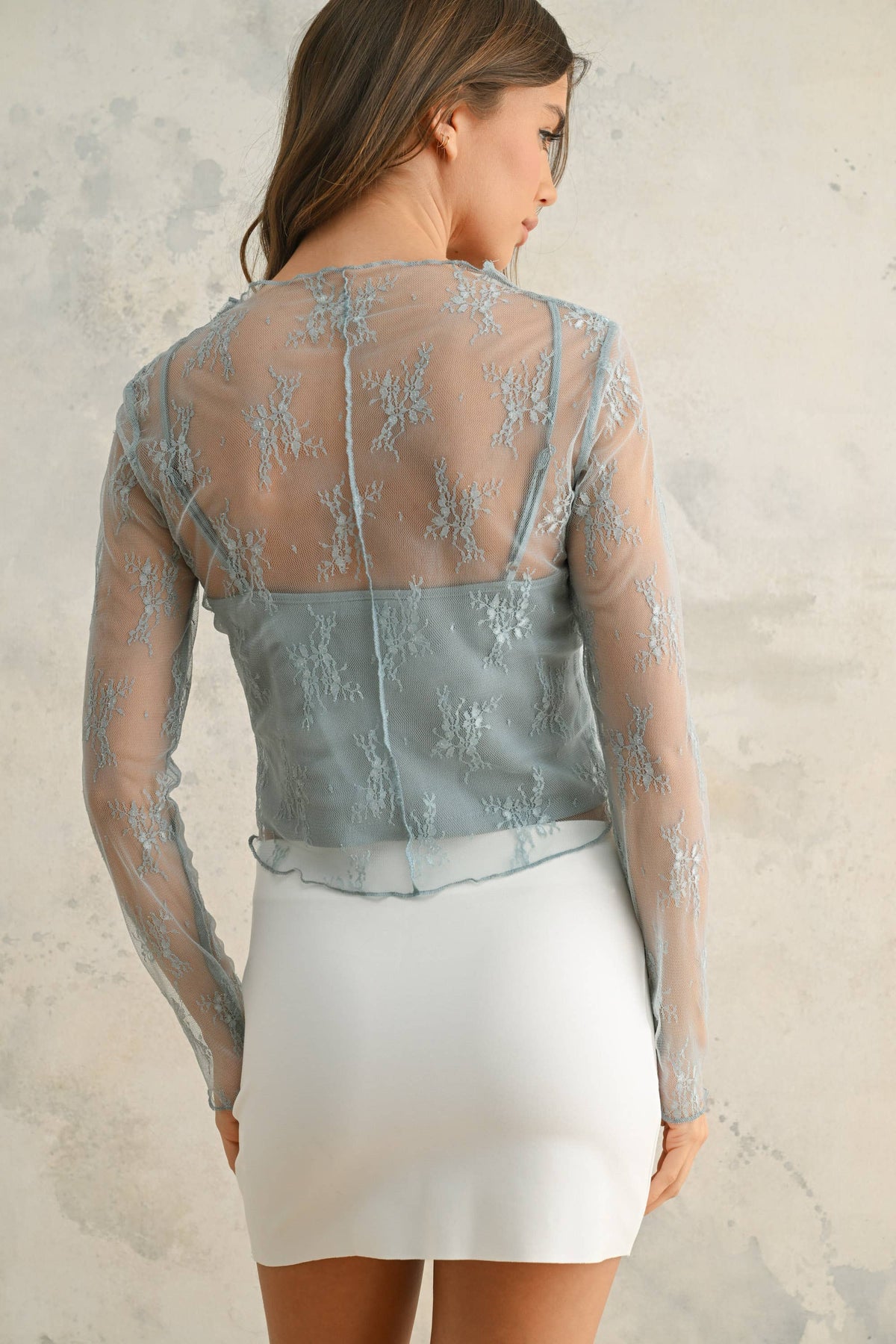 Miou Muse   LONG SLEEVE LACE FABRIC WITH LINING INSERT TOP