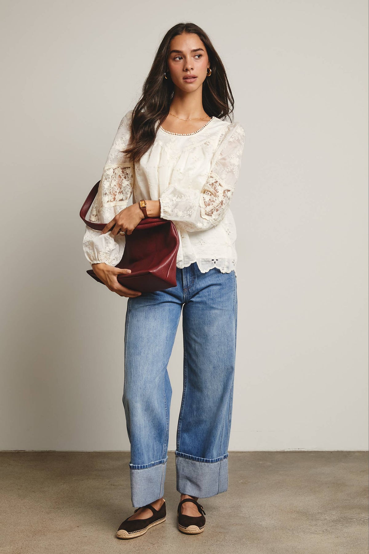 Forte Embroidered Lace Puff Sleeve Blouse