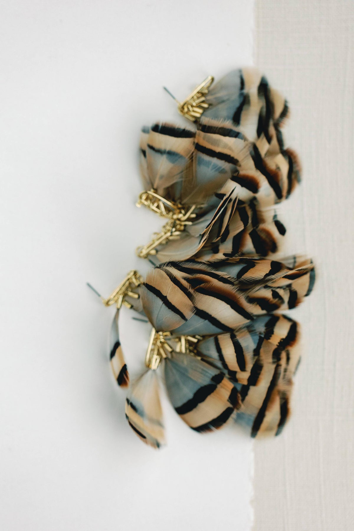 Brown Striped Fall Feather Statement Tassel Earrings