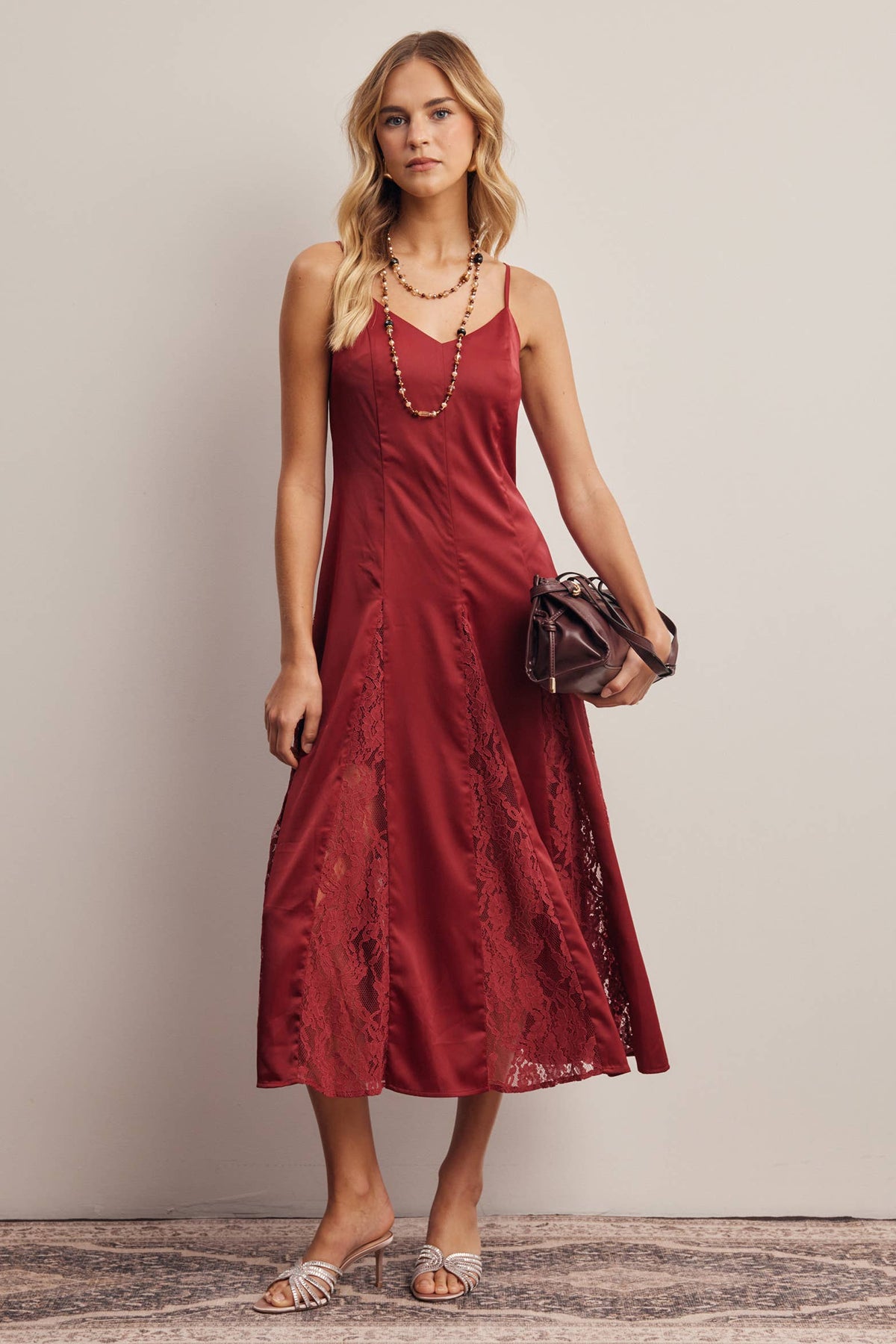 Forte Lace Panel Satin Slip Midi Dress