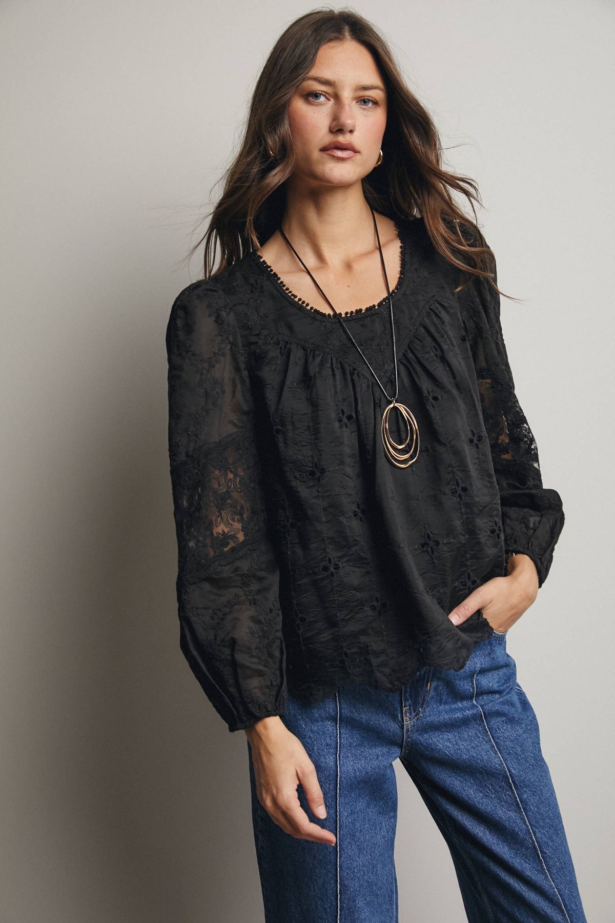 Forte Embroidered Lace Puff Sleeve Blouse