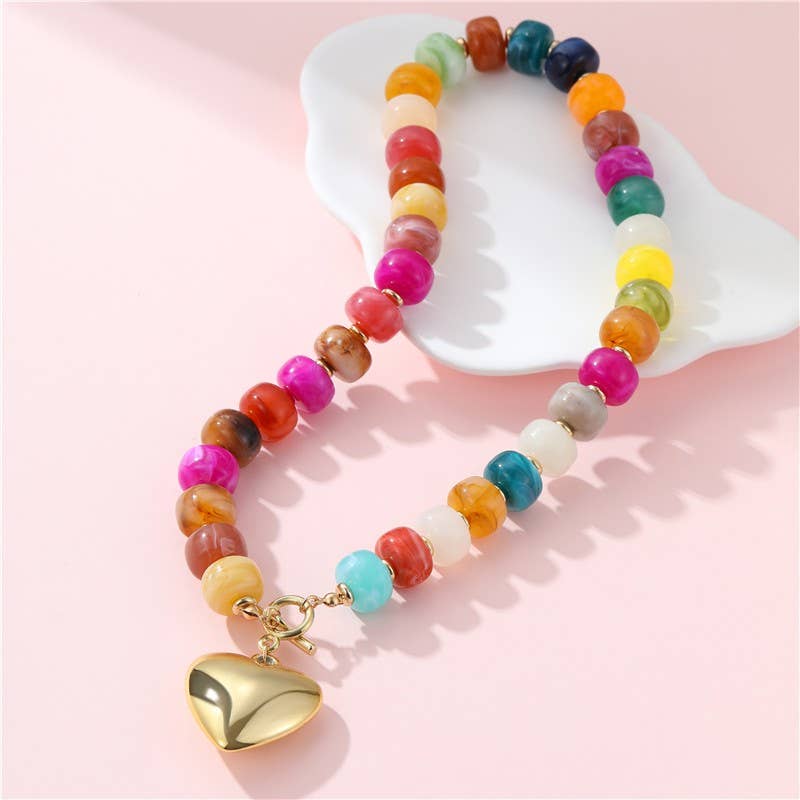 Multi Beaded Heart Charm Toggle Necklace