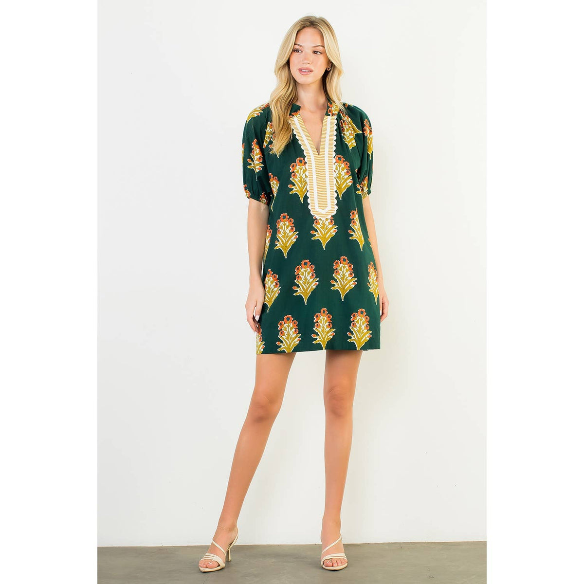 THML Floral Print V-Neck Striped Detail Dress