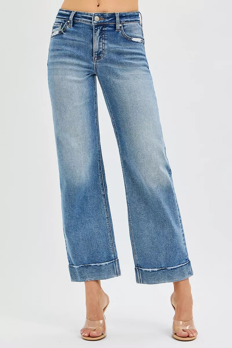RISEN Mid Rise Crop Straight Jeans with Taylor Cuffed