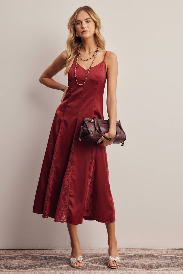 Forte Lace Panel Satin Slip Midi Dress