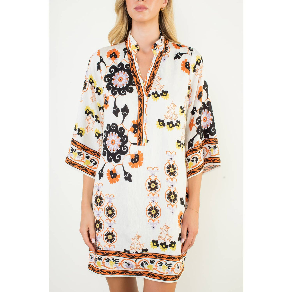 THML Floral Border Print Split Neck Tunic Dress