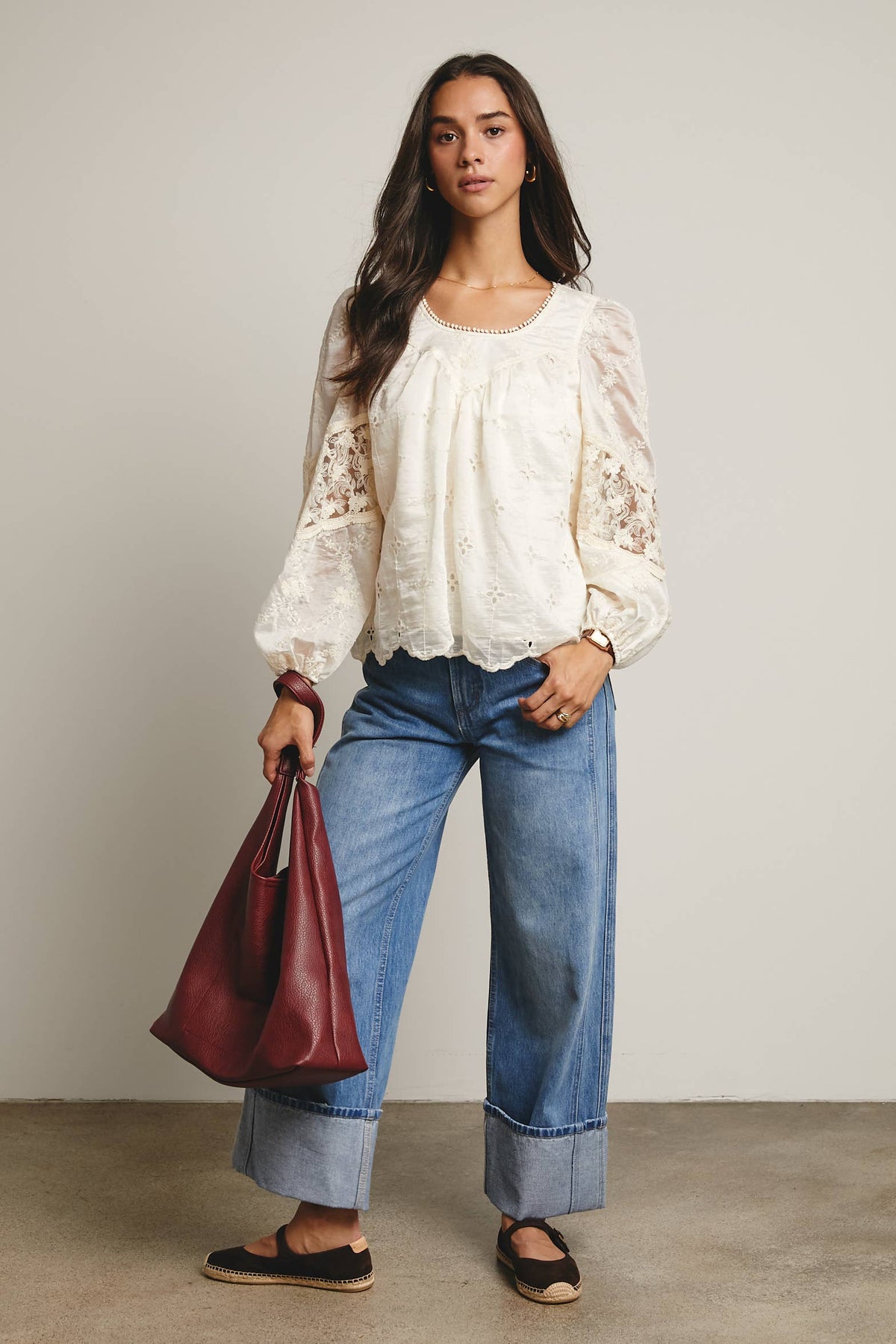 Forte Embroidered Lace Puff Sleeve Blouse