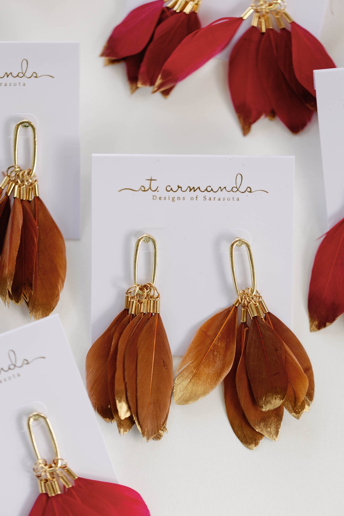 Caramel Gold Dipped Fall Feathers Statement Earrings