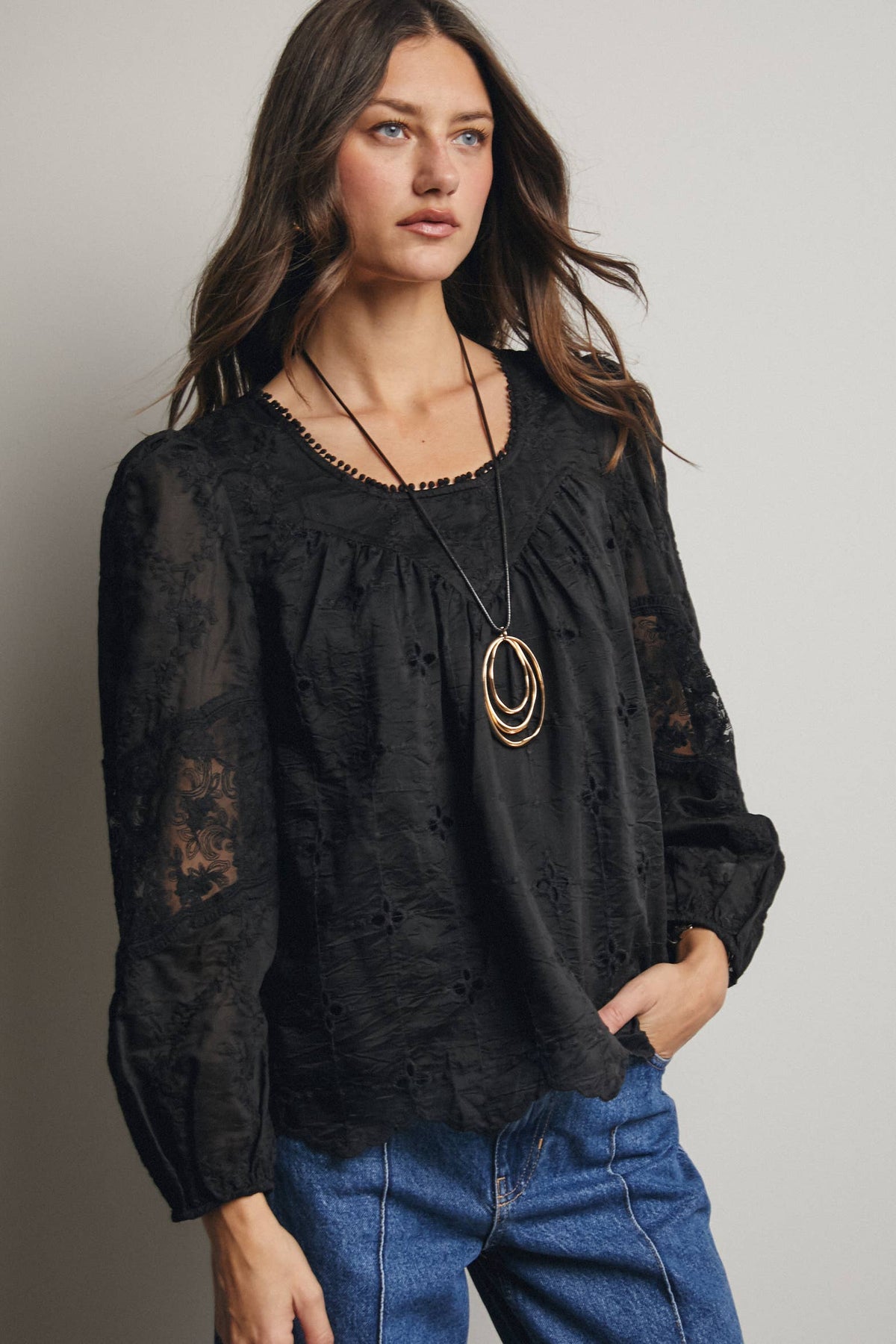 Forte Embroidered Lace Puff Sleeve Blouse