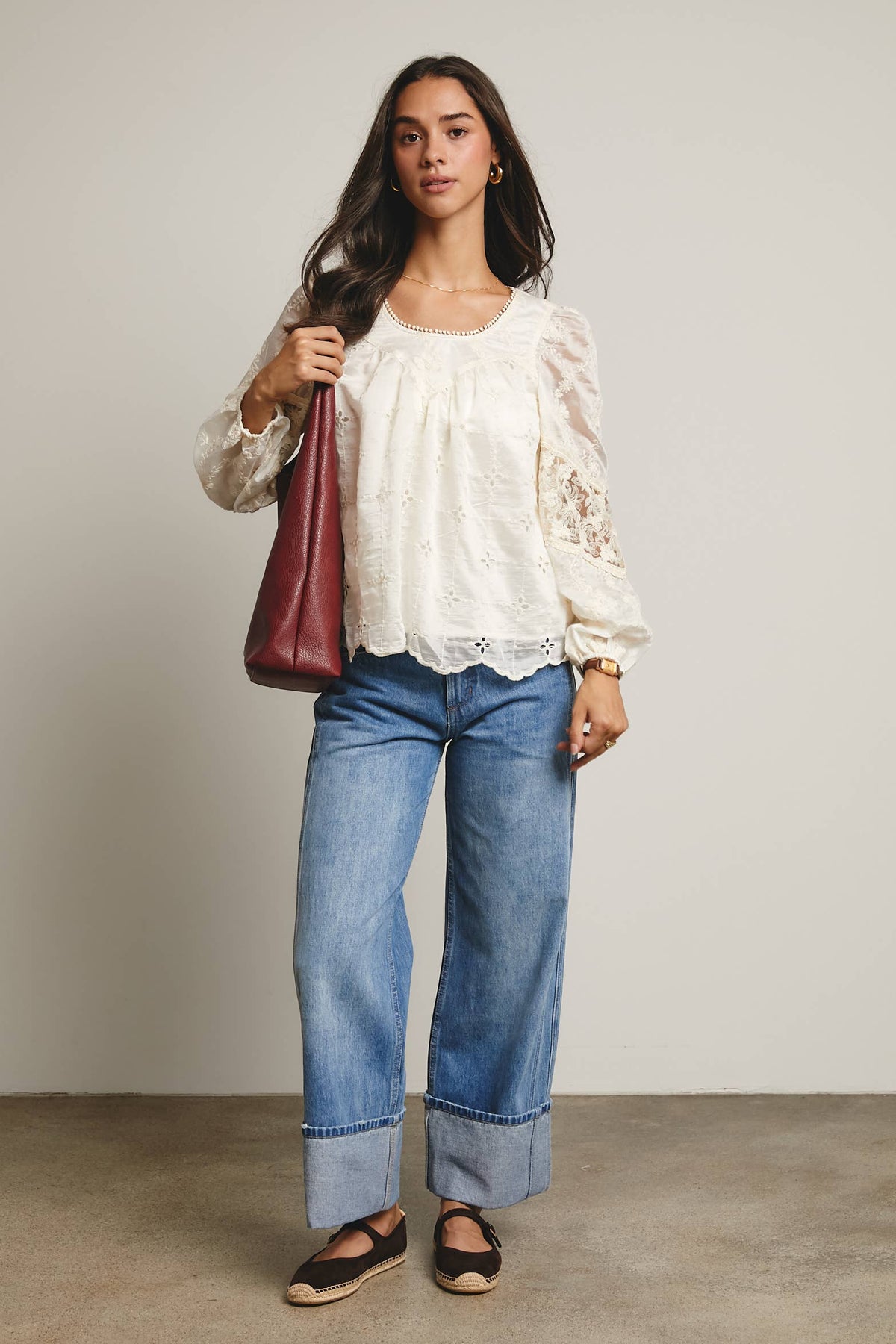 Forte Embroidered Lace Puff Sleeve Blouse