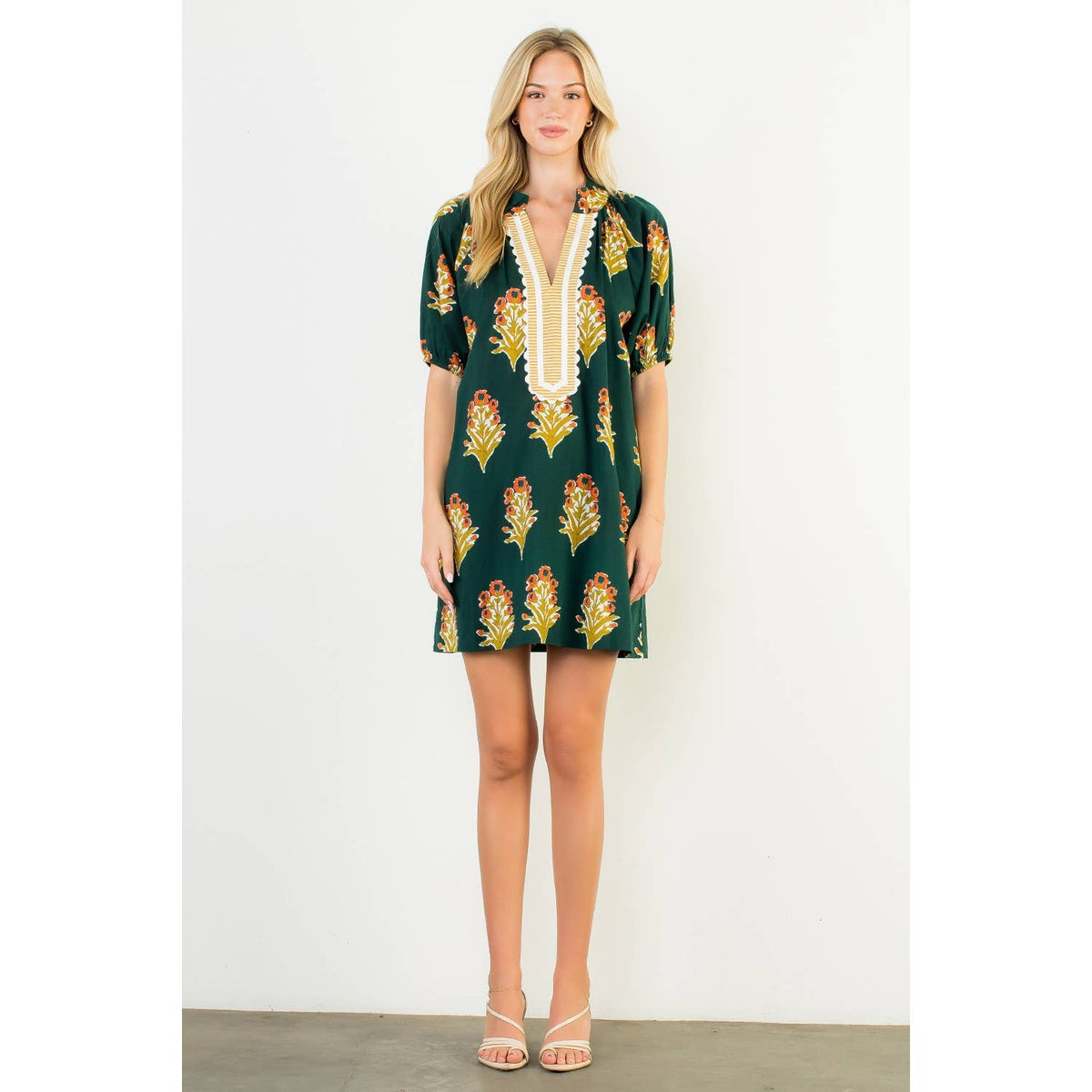 THML Floral Print V-Neck Striped Detail Dress