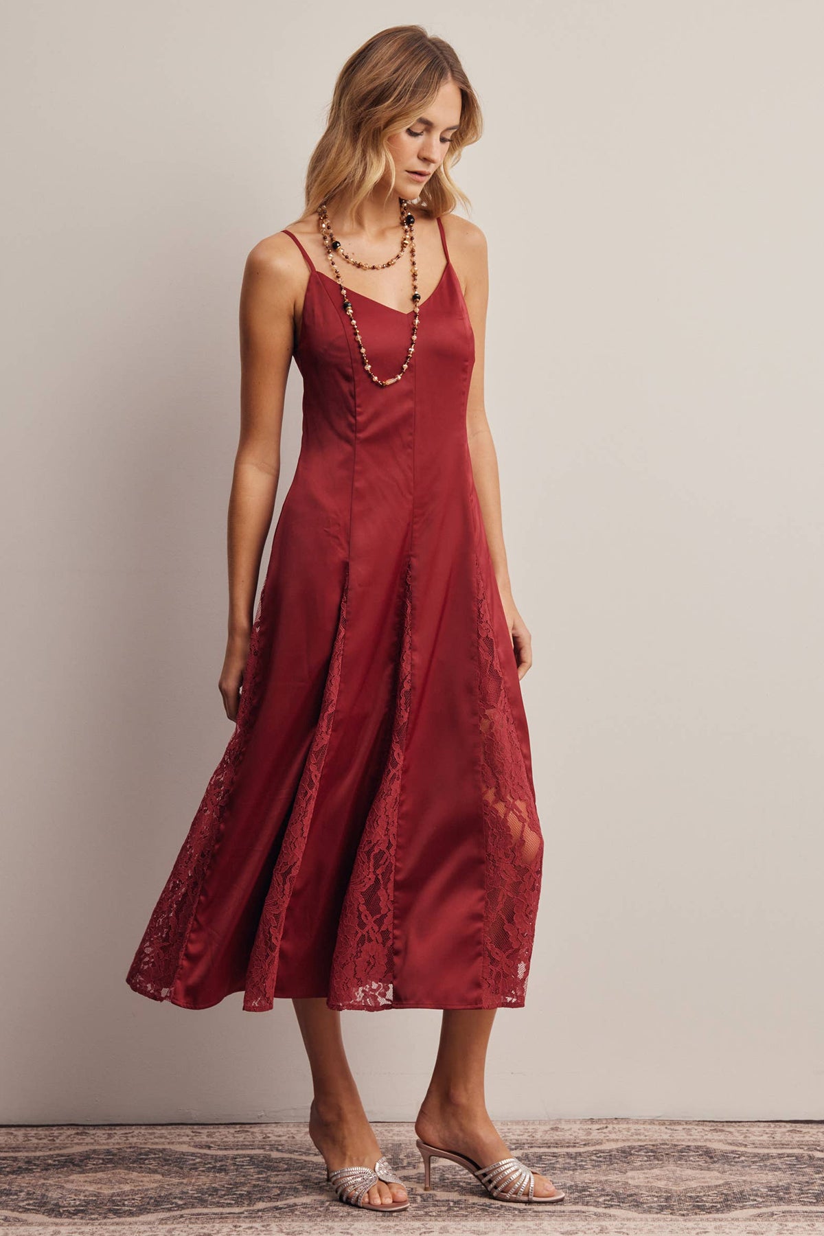 Forte Lace Panel Satin Slip Midi Dress