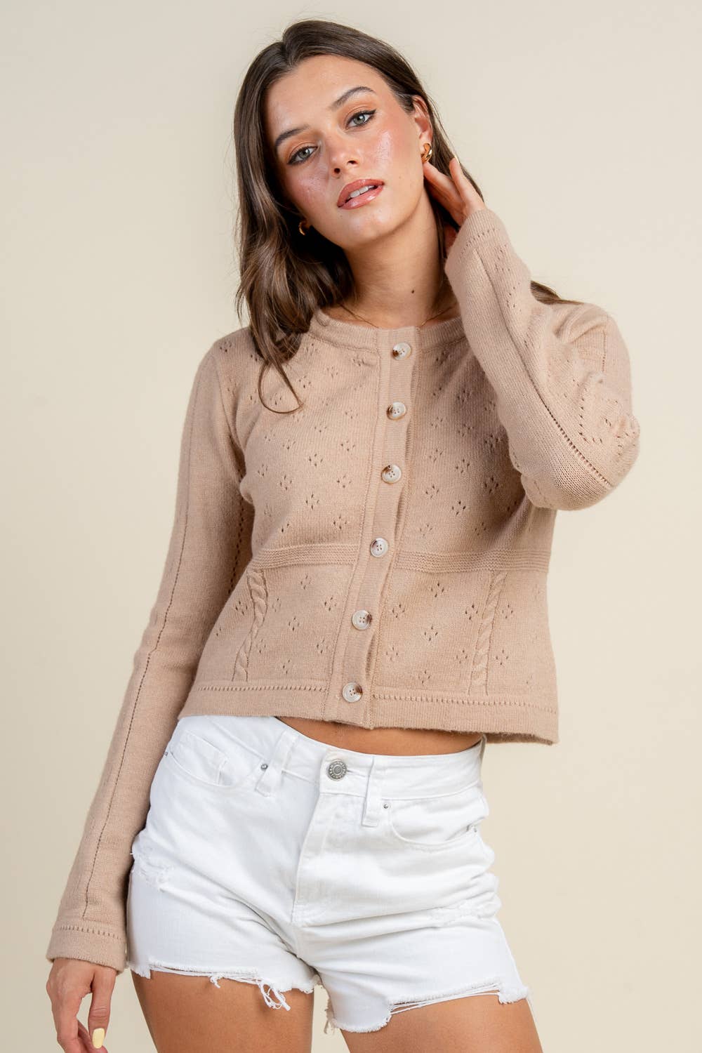 BEIVY CROP BUTTON DOWN SWEATER