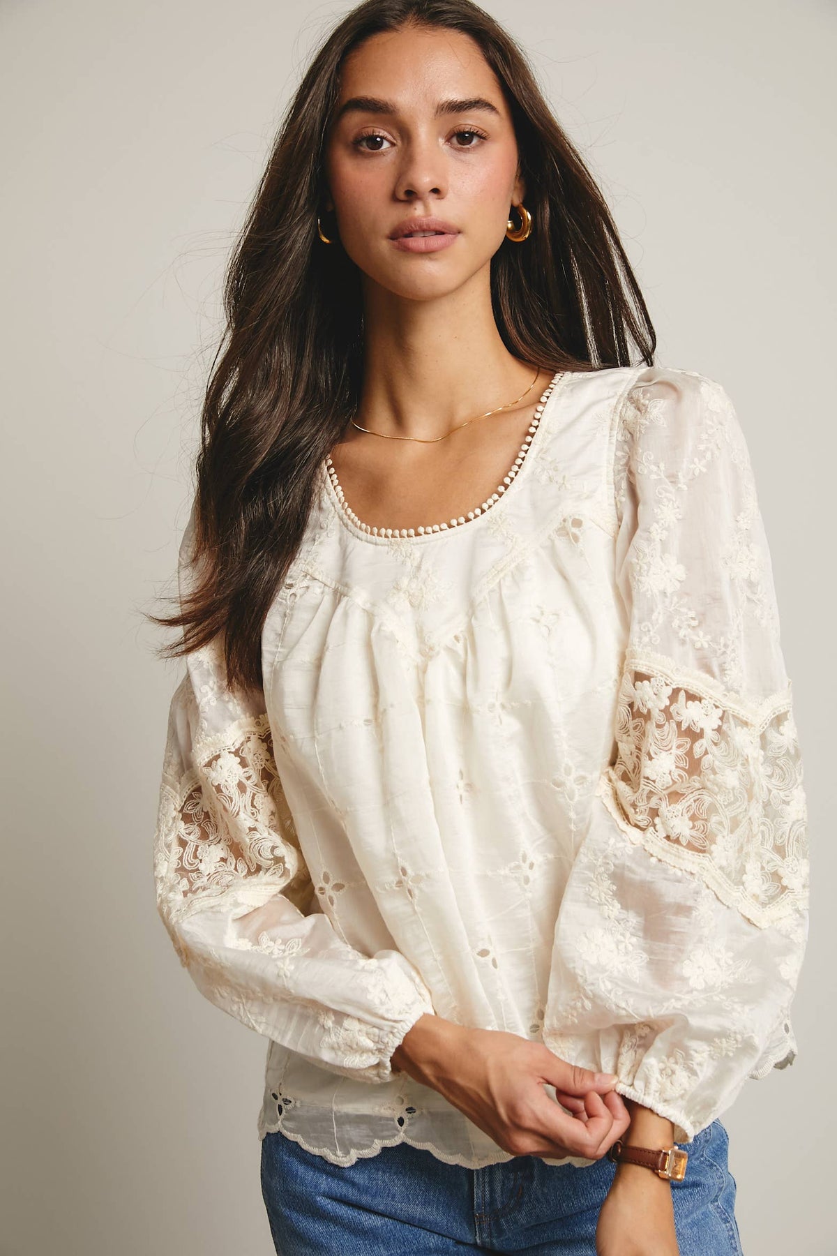 Forte Embroidered Lace Puff Sleeve Blouse