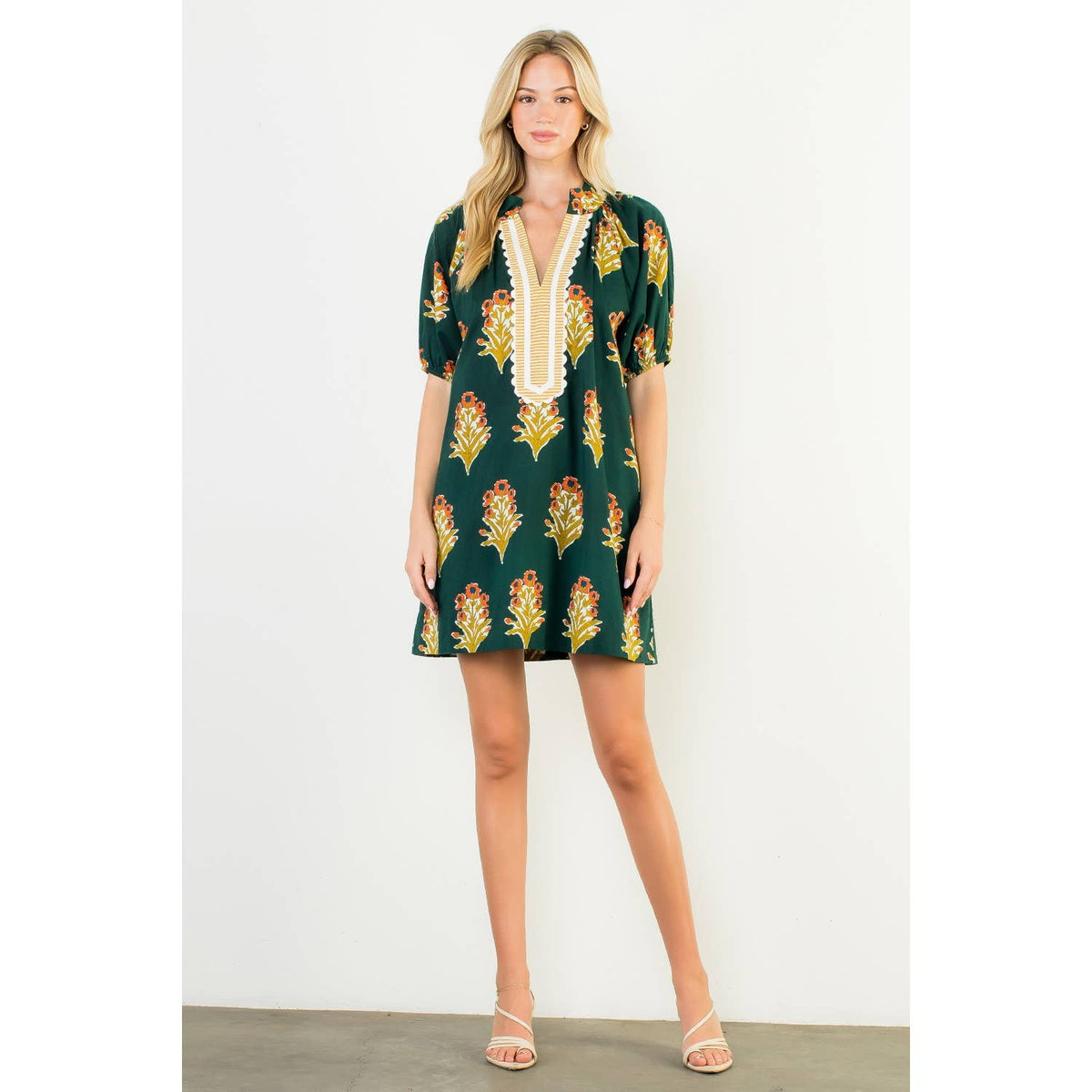 THML Floral Print V-Neck Striped Detail Dress