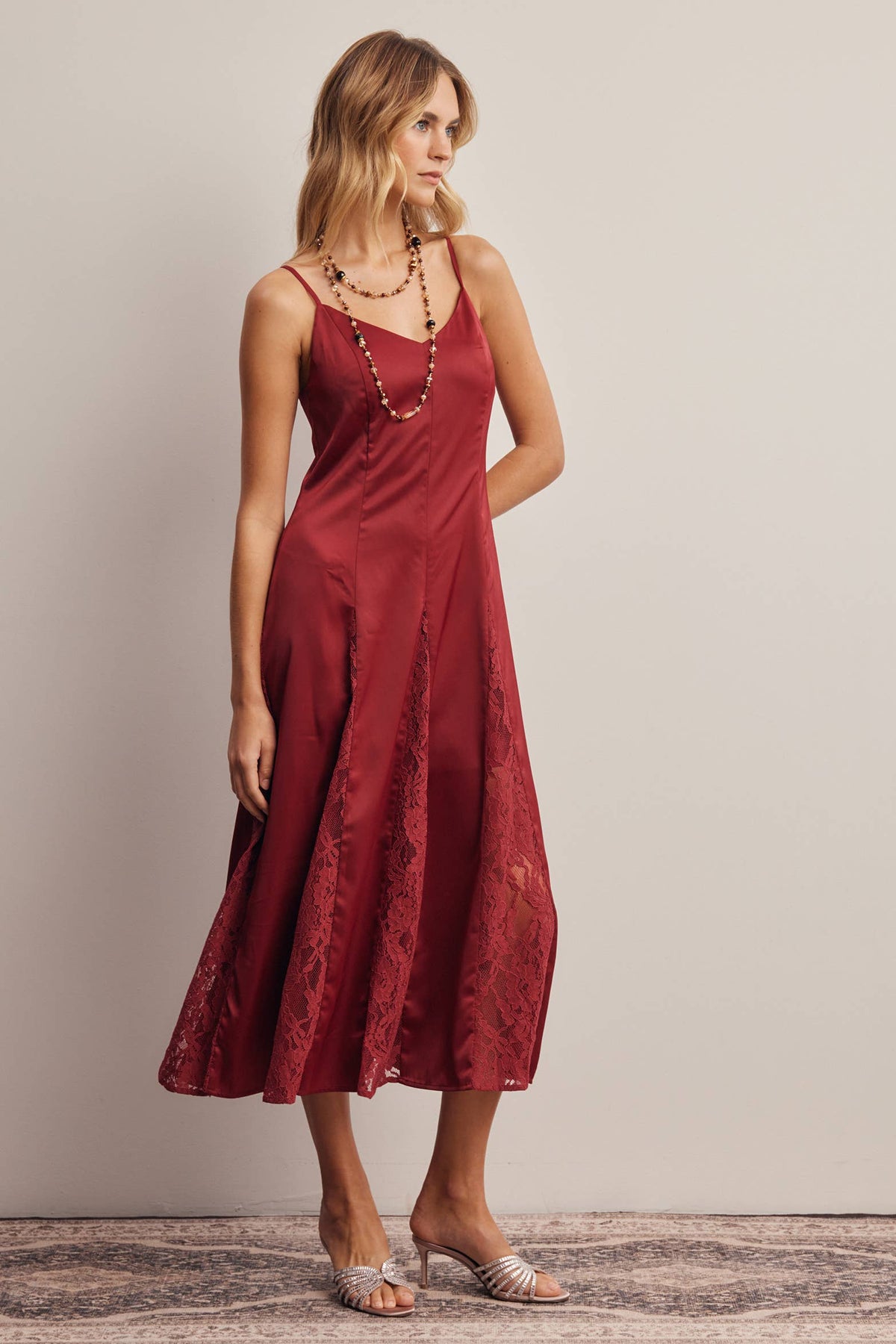 Forte Lace Panel Satin Slip Midi Dress