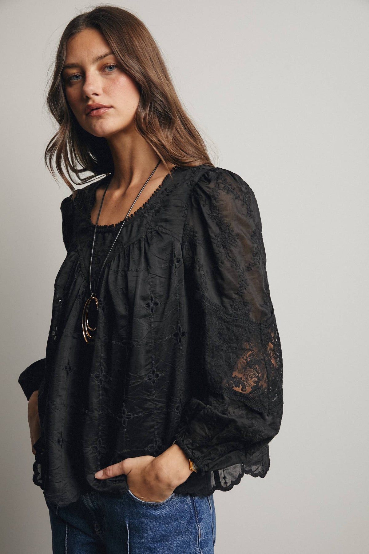 Forte Embroidered Lace Puff Sleeve Blouse