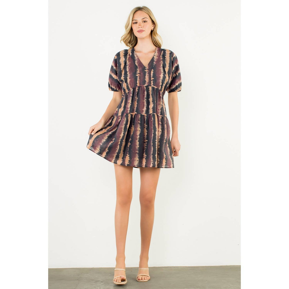 THML Pleated Trim Puff Sleeve Tie Dye Dress