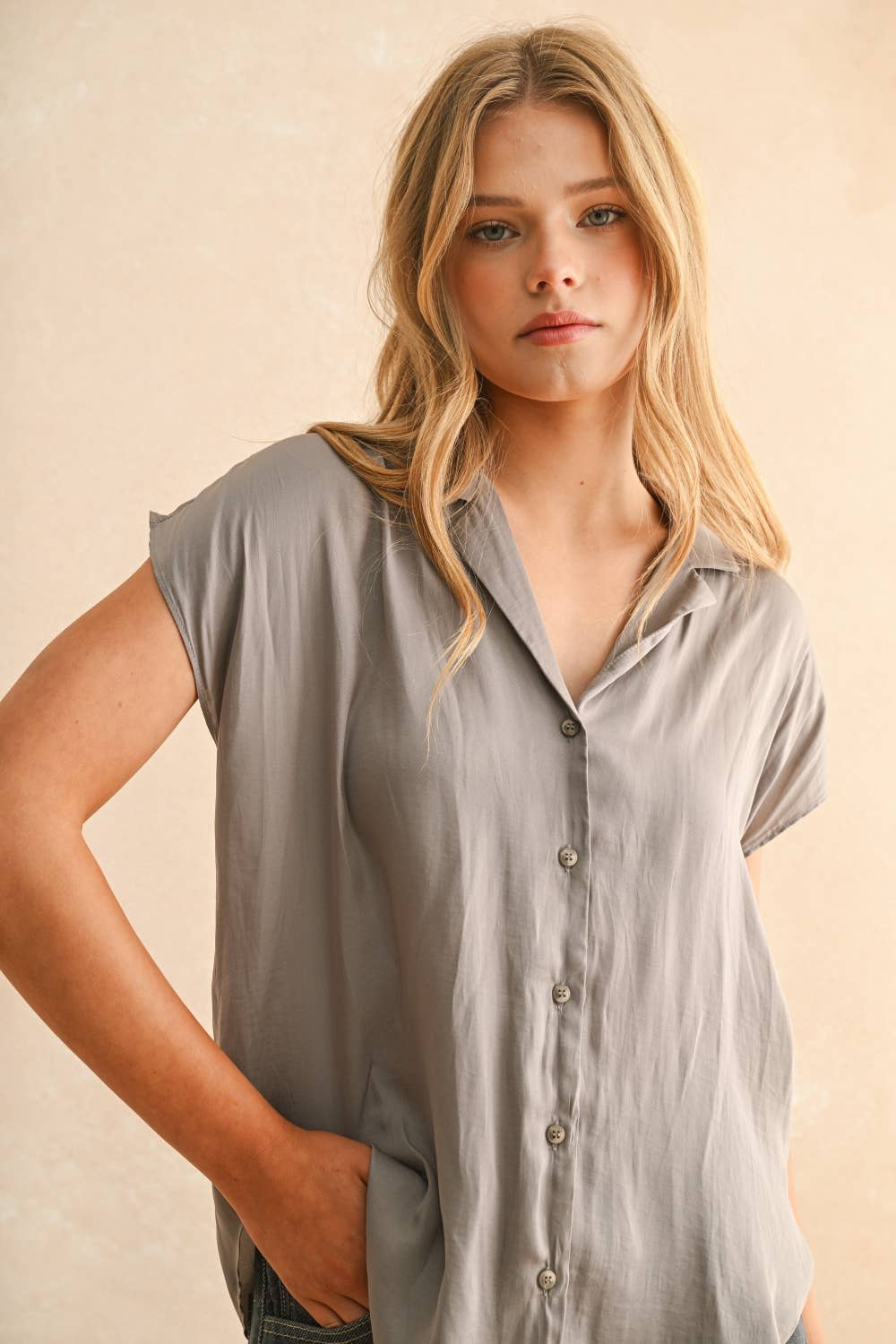 Miou Muse Button Down Cap Sleeve Shirts