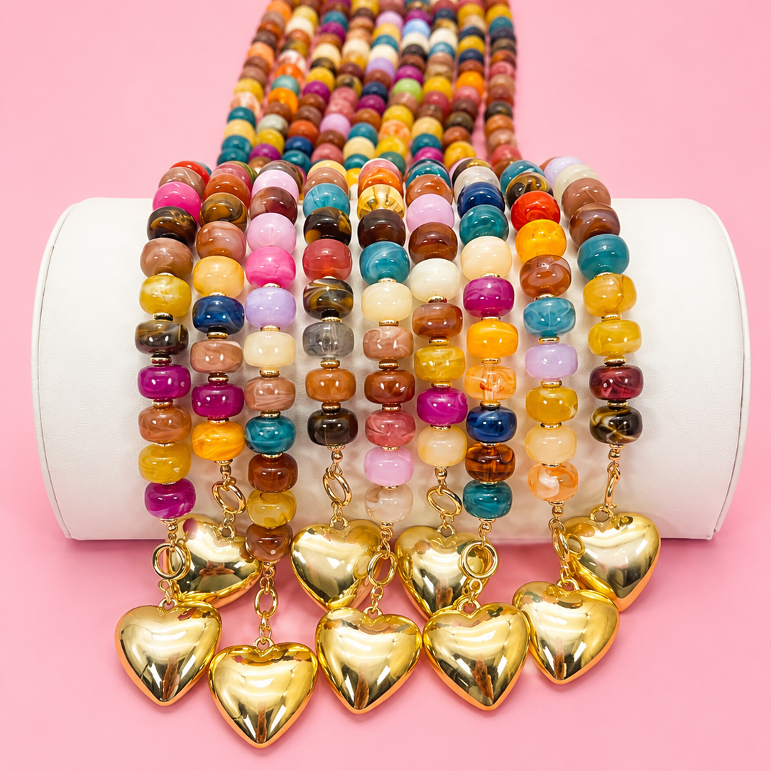 Multi Beaded Heart Charm Toggle Necklace