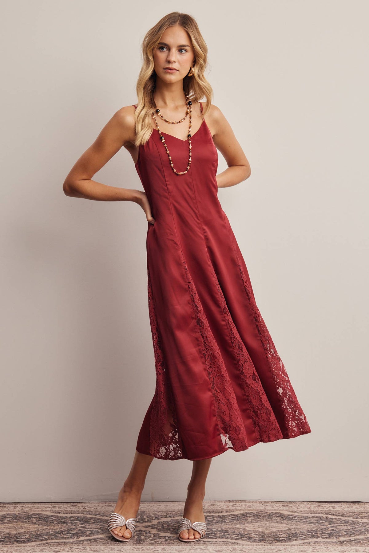 Forte Lace Panel Satin Slip Midi Dress