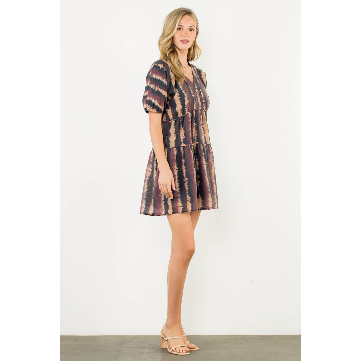 THML Pleated Trim Puff Sleeve Tie Dye Dress
