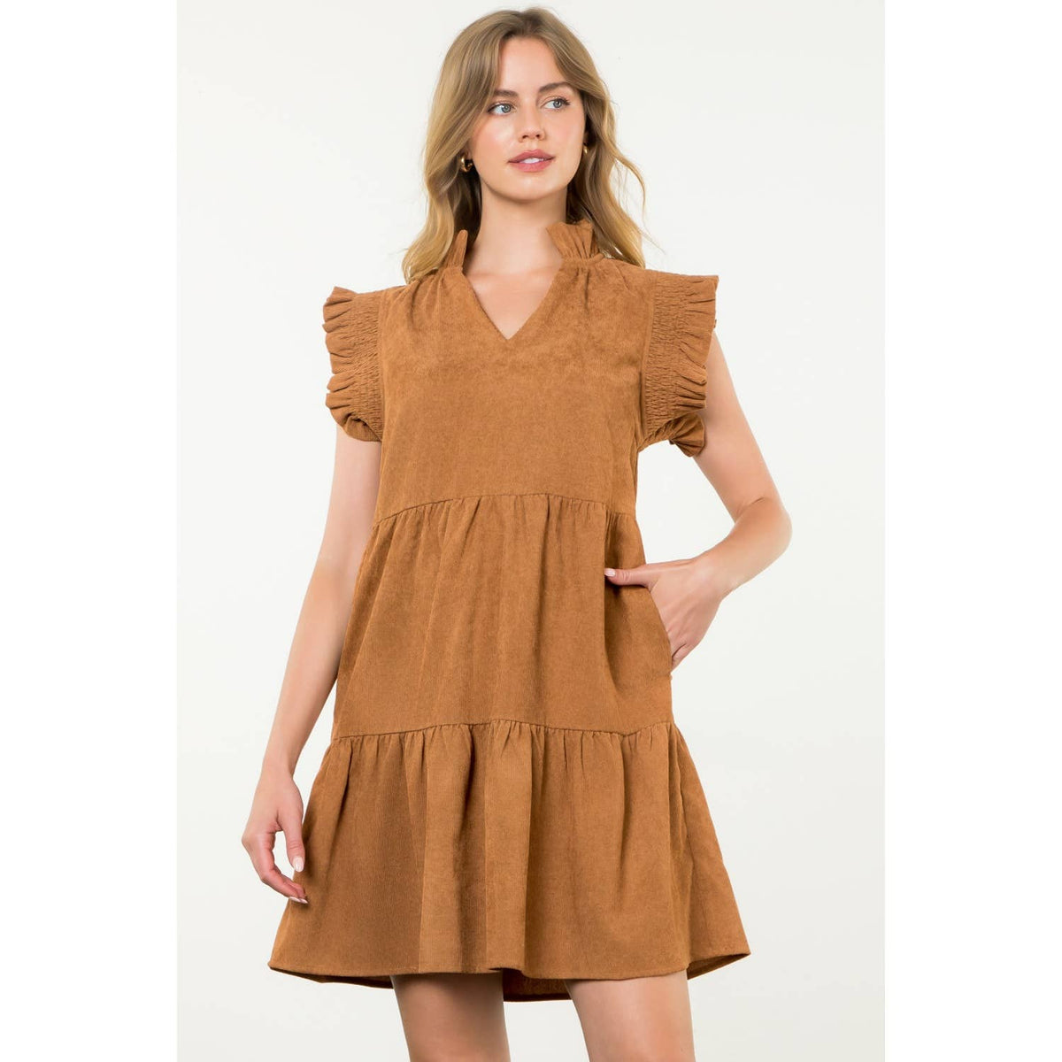 THML Flutter Sleeve Corduroy Midi Dress