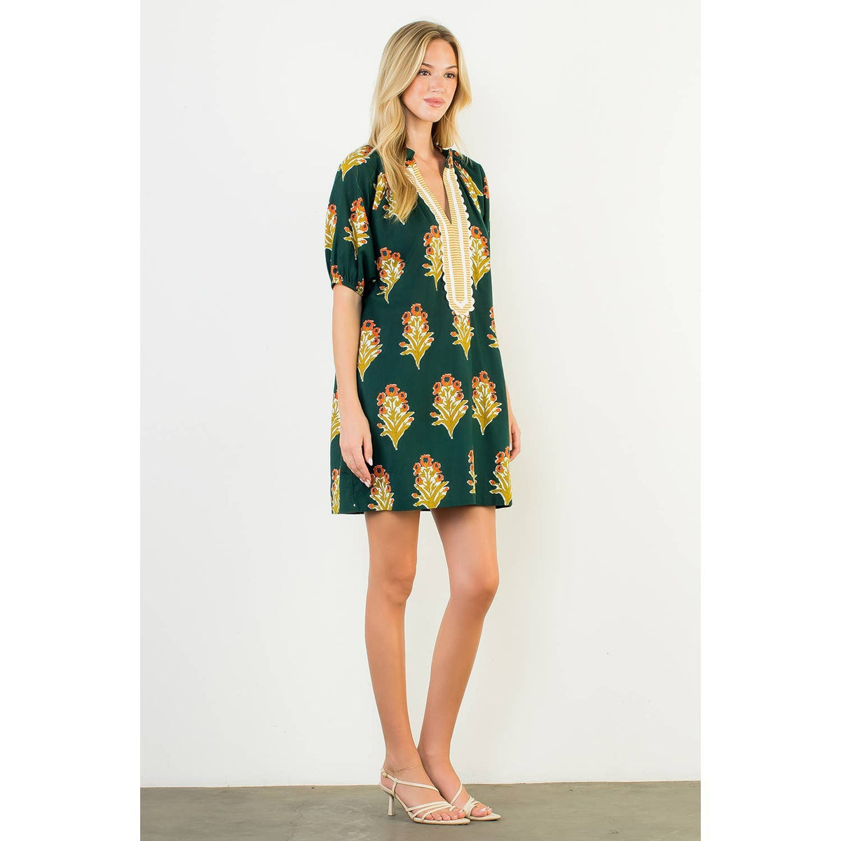 THML Floral Print V-Neck Striped Detail Dress