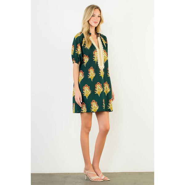 THML Floral Print V-Neck Striped Detail Dress