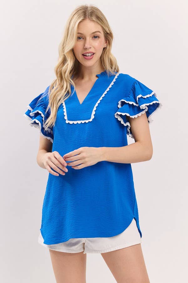Sewn & Seen Ruffle Sleeve Scallop Trim Top