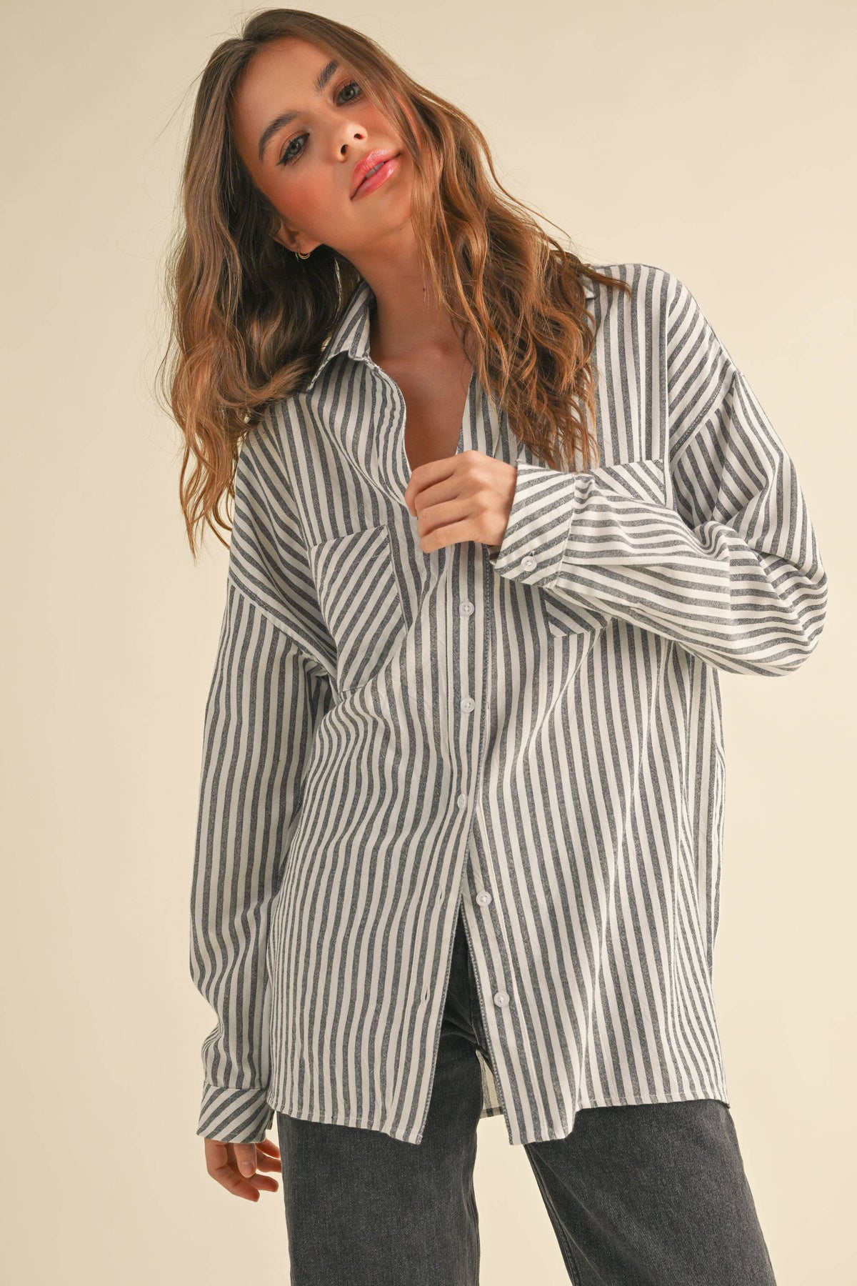 Miou Muse Striped Pattern Button Down Shirts
