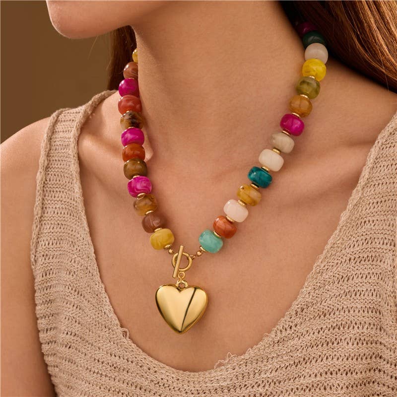 Multi Beaded Heart Charm Toggle Necklace