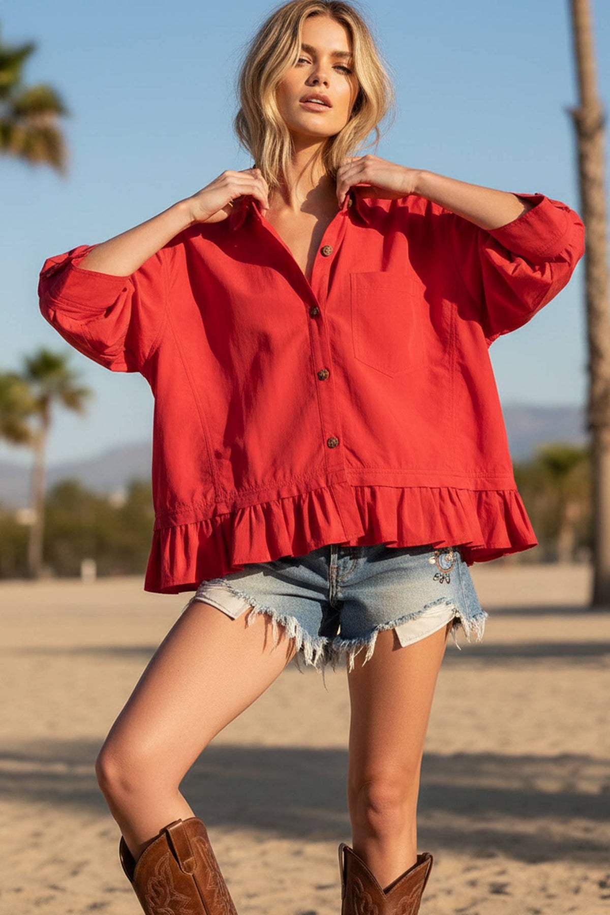 Sewn and Seen Ruffle Hem Button Front Poplin Top