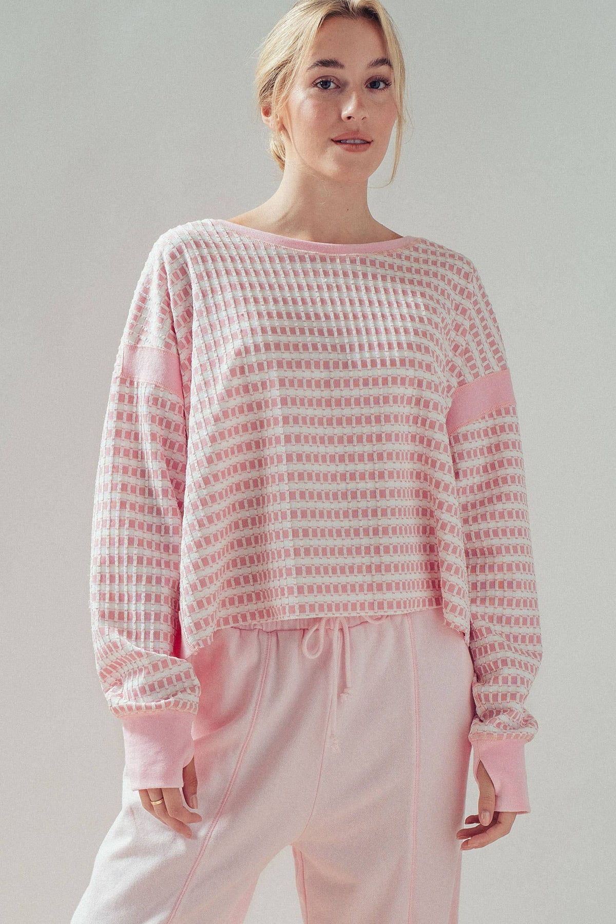 Reversible Textured Check Long Sleeve Pullover