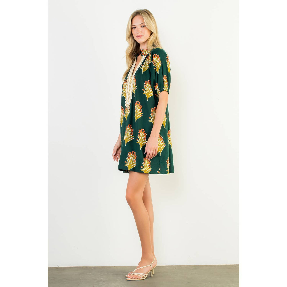 THML Floral Print V-Neck Striped Detail Dress