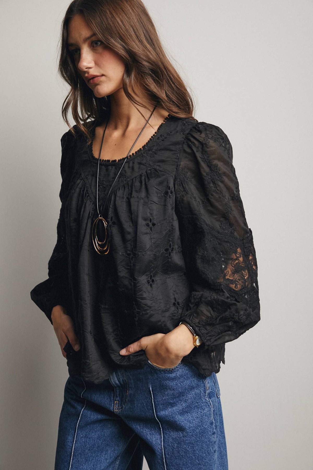 Forte Embroidered Lace Puff Sleeve Blouse