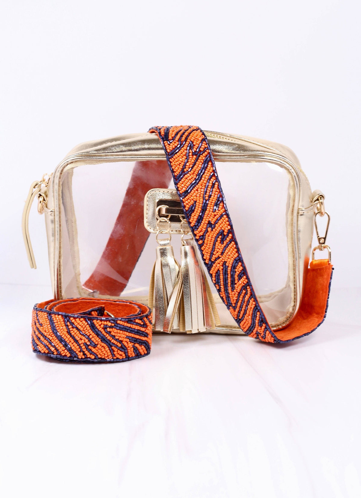 Tiger Stripe Beaded Crossbody Strap NAVY ORANGE