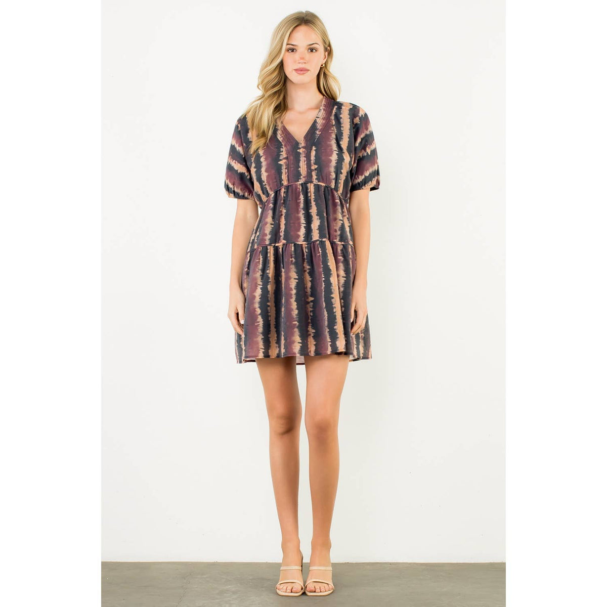 THML Pleated Trim Puff Sleeve Tie Dye Dress