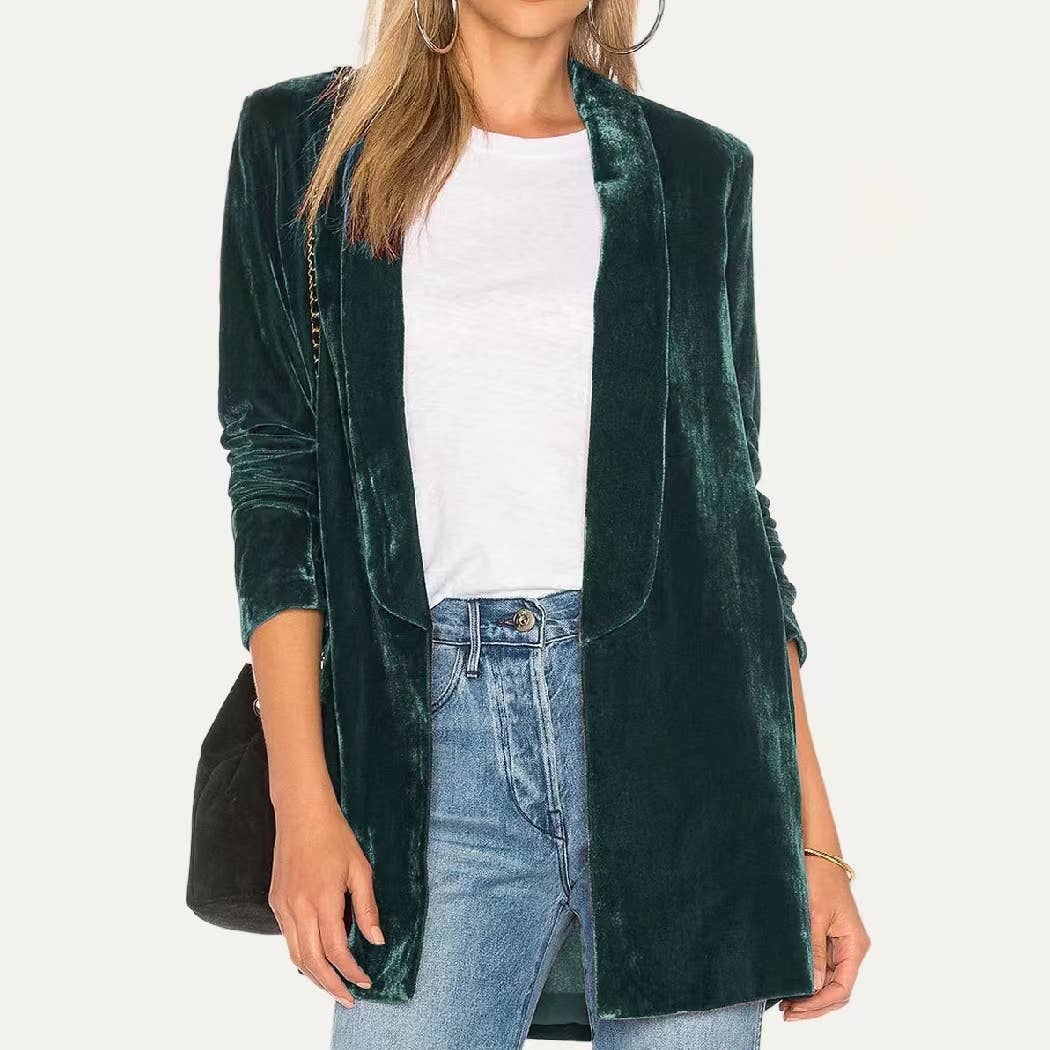 Trendy Velvet Solid Open Front Lightweight Blazer