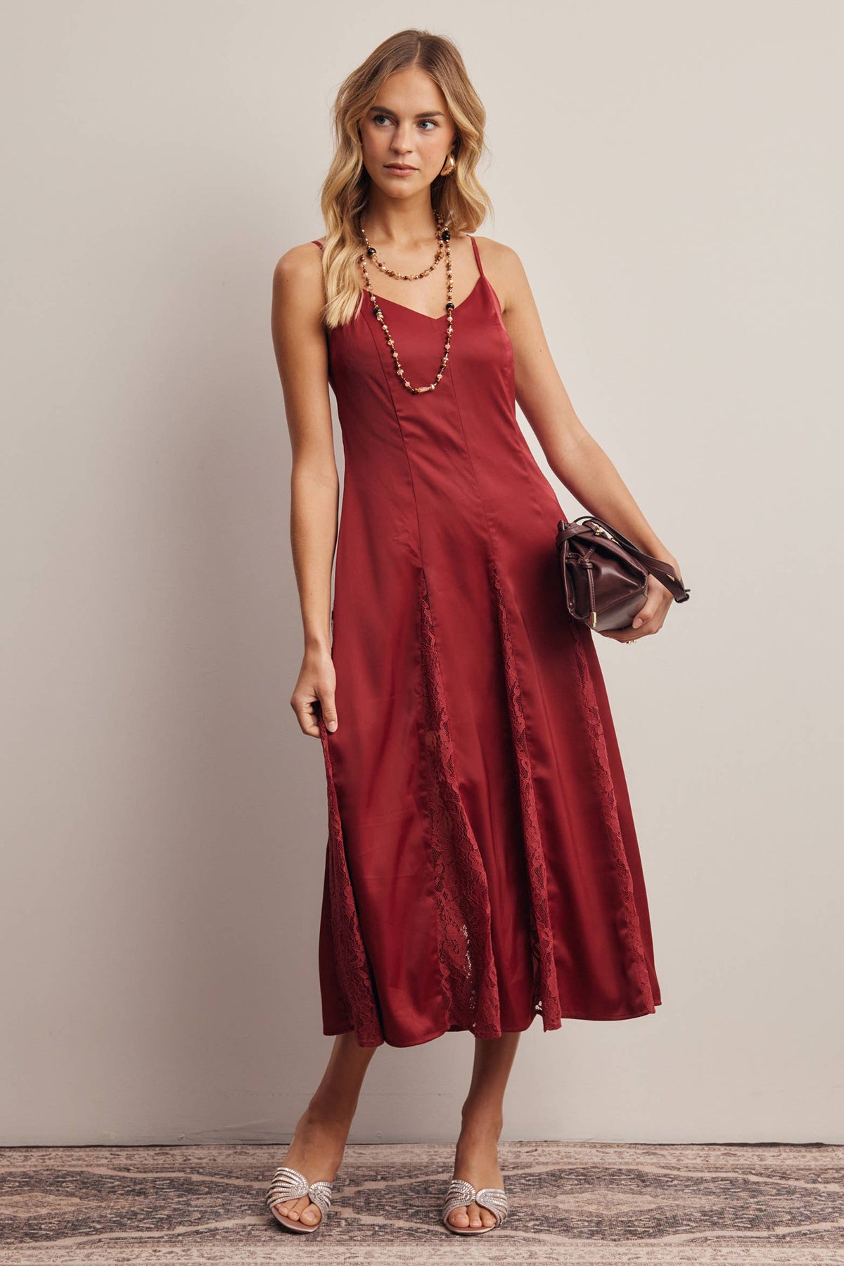Forte Lace Panel Satin Slip Midi Dress
