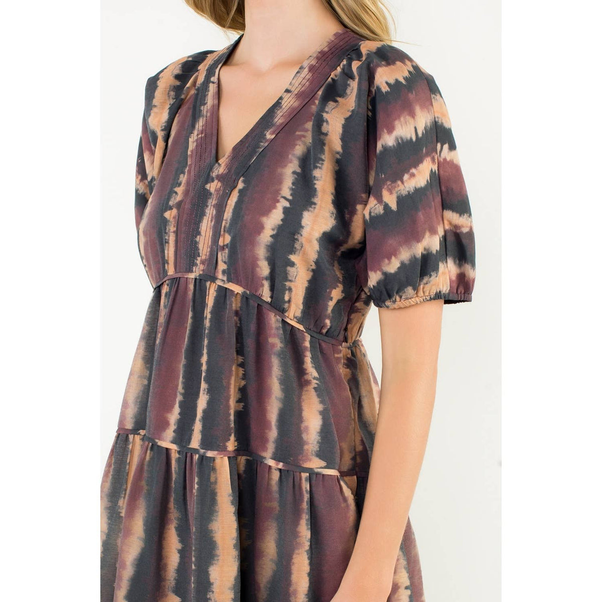 THML Pleated Trim Puff Sleeve Tie Dye Dress