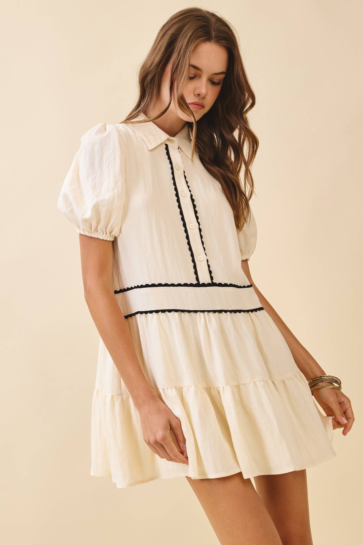 TCEC Scalloped Trimmed Button Placket Baby Doll Dress