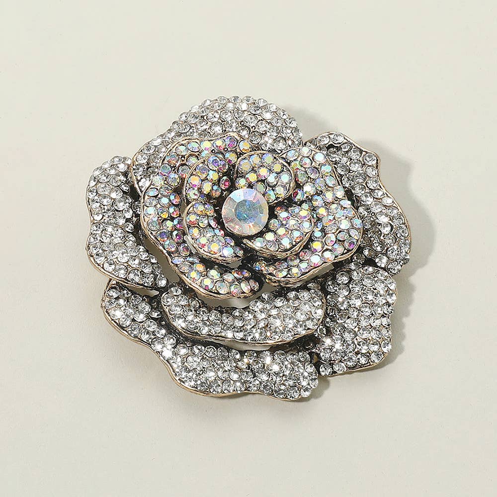 Rhinestone Embellished Rose Flower Pin Brooch