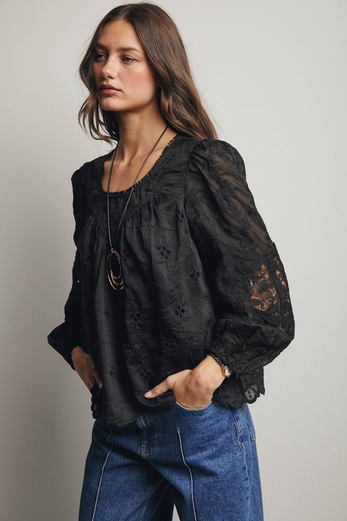 Forte Embroidered Lace Puff Sleeve Blouse